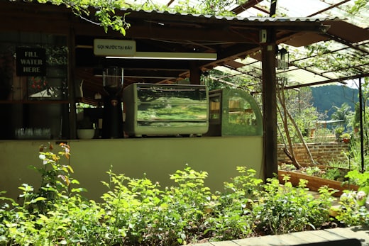 Outdoor cafe counter surrounded by planting